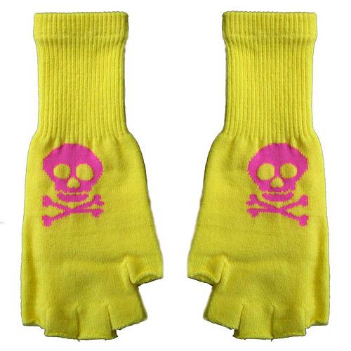 Goth Punk Rock 80s Japan Hot Pink Skull Yellow Fingerless Knit Gloves