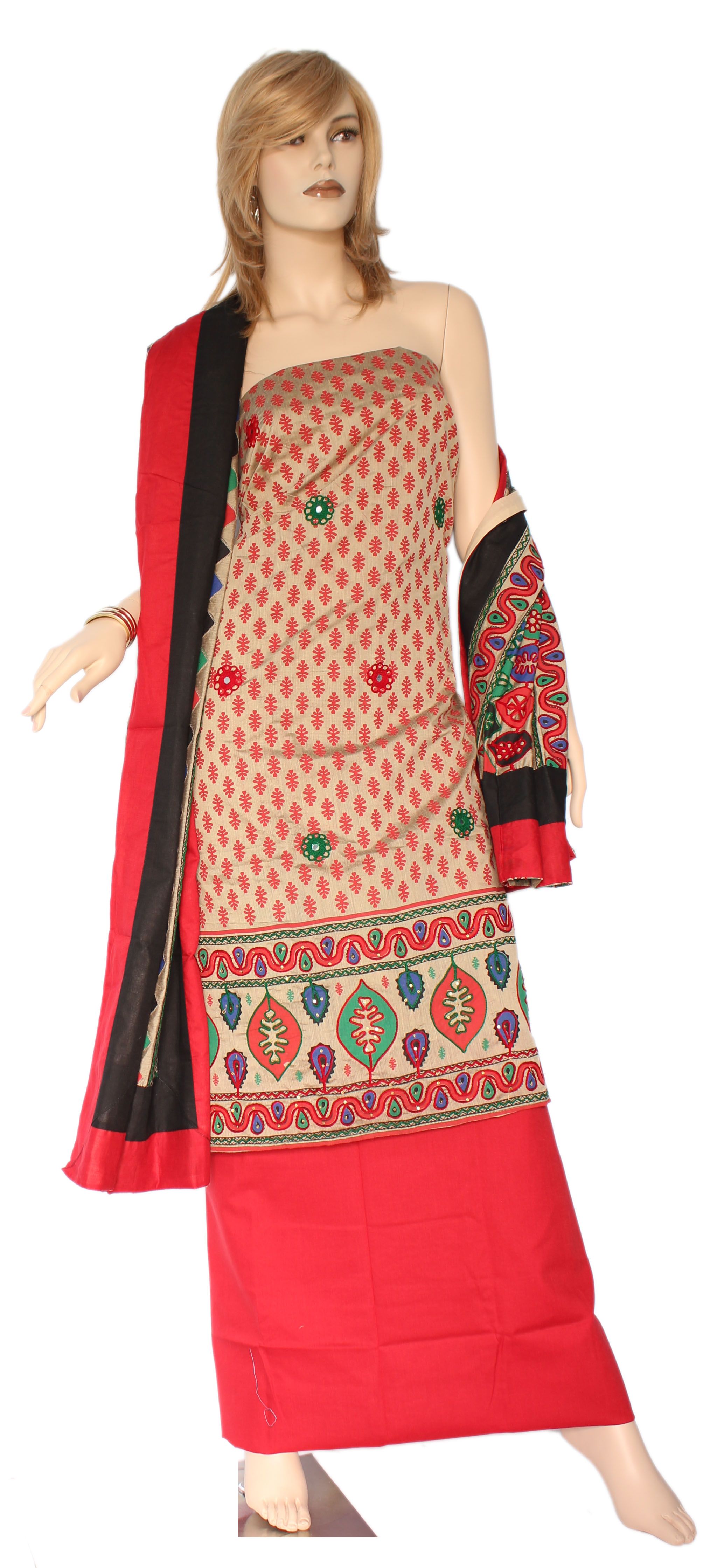 with Block Print on Top with Heavy Embroidery on KORA SILK Dupatta