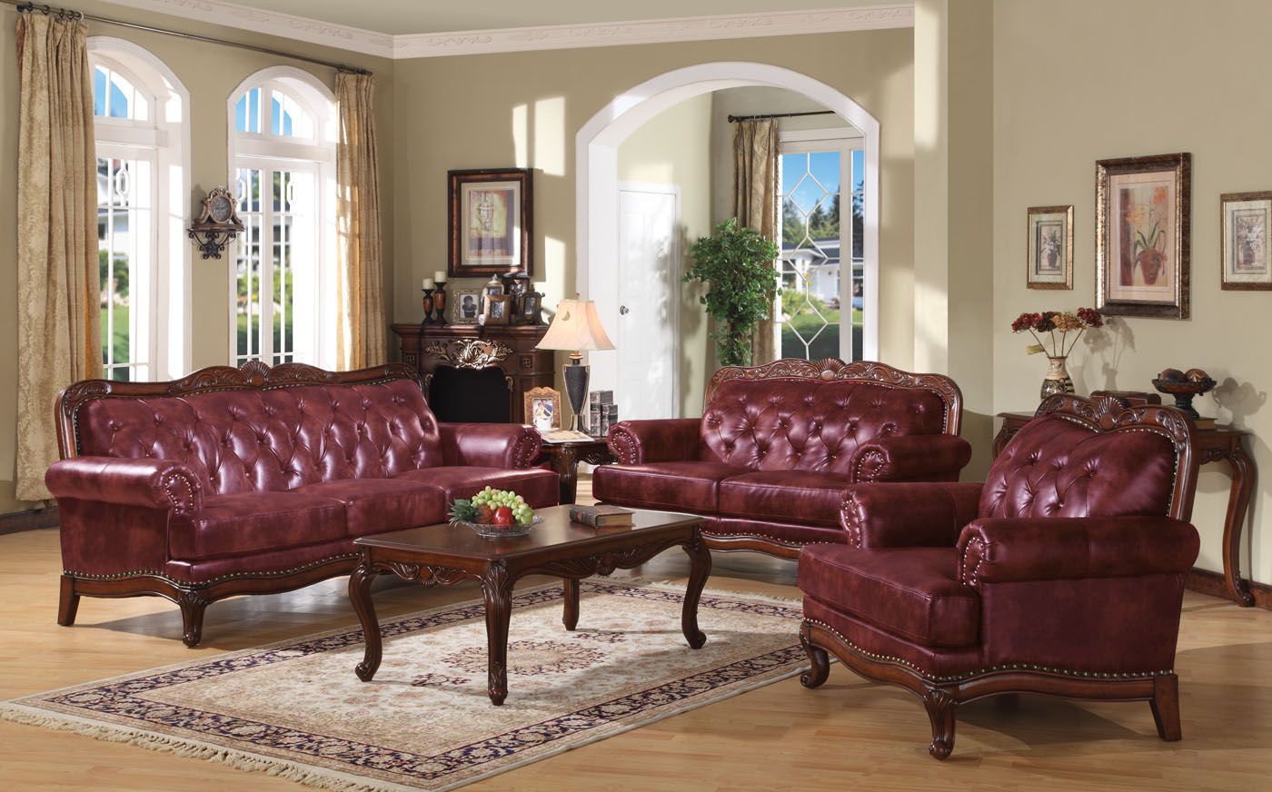 Traditional Burgundy Tufted Leather Sofa Loveseat Chair