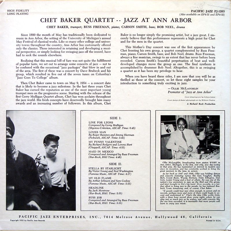 Chet Baker Quartet Jazz at Ann Arbor LP Pacific Jazz PJ 1203 Orig US