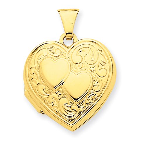 New Beautiful Polished Back 14k Yellow Gold Double Heart Locket