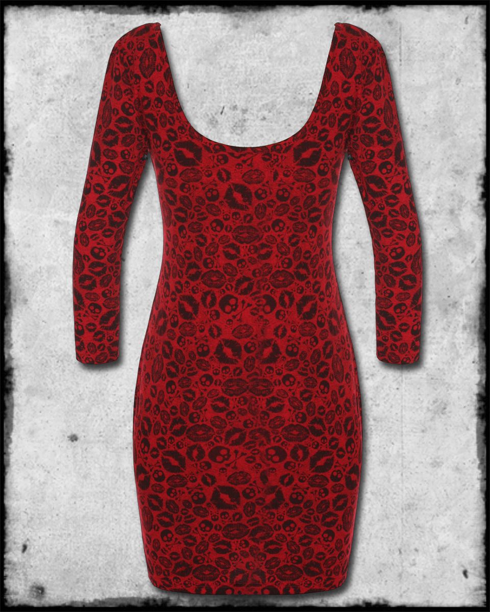 of Death Red Black Lipstick Skulls Long Sleeve Scoop Neck Dress