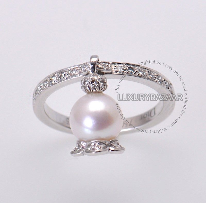 Dior 18K White Gold Diamond Pearl Dangle Ring