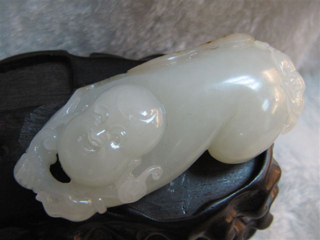 19th C White Jade Hetian Nephrite Wealth Baby Netsuke