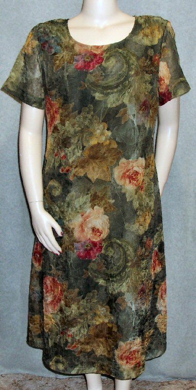 Christy Lyn Olive Gold Burnt Orange Floral Dress Silky A Line Office