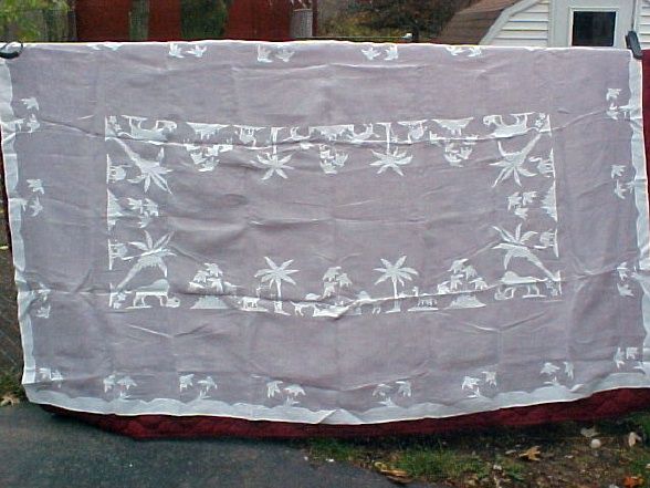 Vintage Madeira Organdy Embroidered Applique Tablecloth Lion Camels