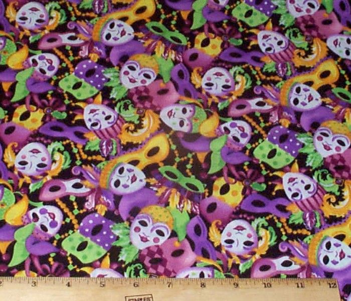 Mardi Gras Masks Beads Cotton Fabric Yds