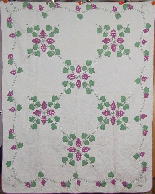 Gorgeous 30s Marthas Vineyard Grape Vine Applique Antique Quilt Nice