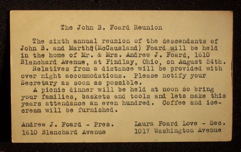 1947 John B Foard Reunion Mccausland Notice Findlay Oh