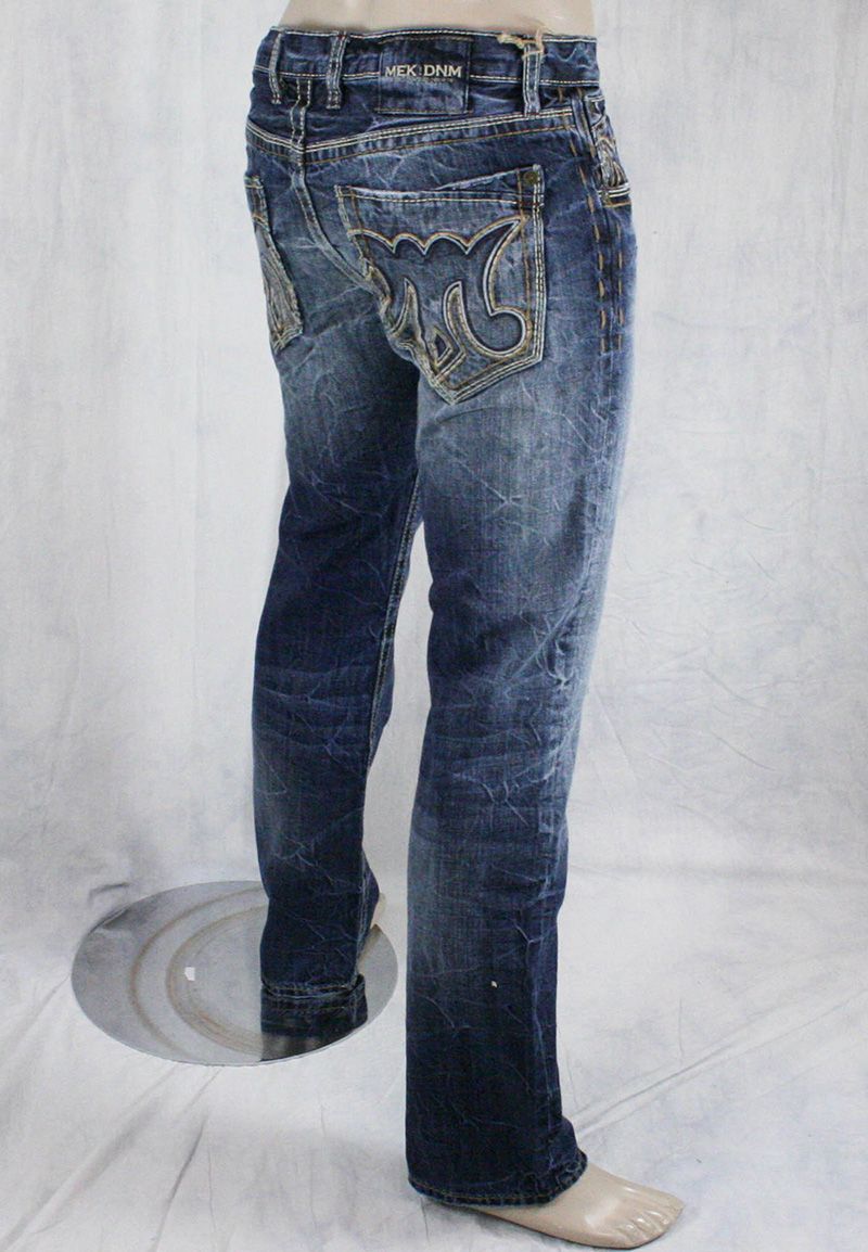 MEK Denim Jeans Mens Bizani Dark Blue Destressed Straight Leg