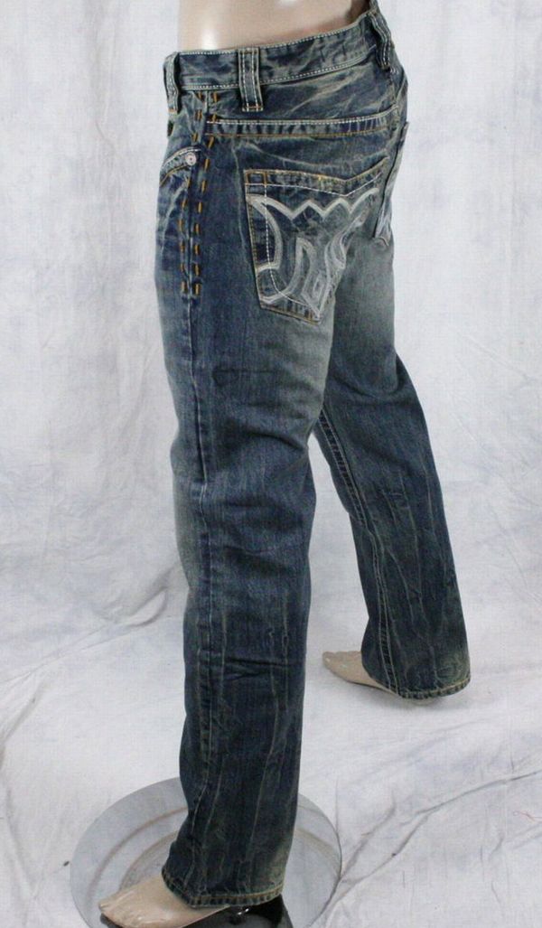 MEK Denim Jeans Mens Oaxaca Straight Med Blue Distressed Oil Stain