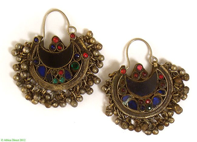 Kuchi Gypsy Silver Crescent Earrings Glass Inlays Afghanistan