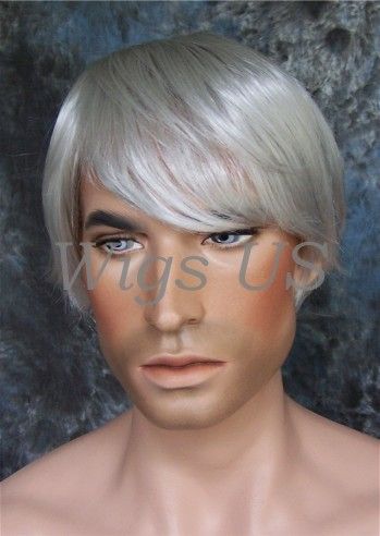 CLEARANCE Mens Wigs Short Layered Long Bangs Full Hairpiece Silver