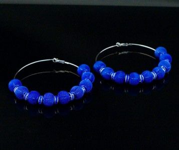 Housewives Style Royal Blue Mesh Ball Rhinestone Hoops Earring