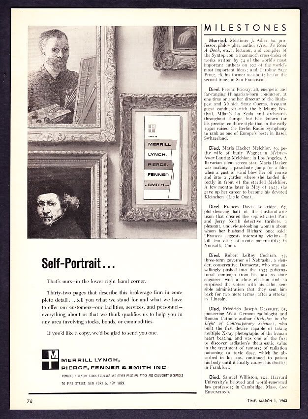 1963 Merrill Lynch Investments Self Portrait Print Ad