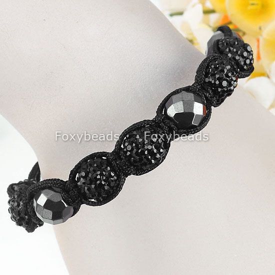 Men Black Disco Crystal Pave Black Faceted Hematite Beaded Macrame