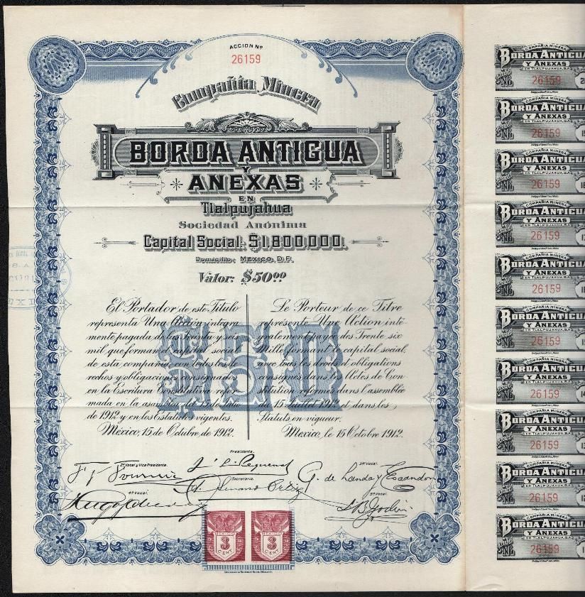 1912 Mexico Compania Minera Borda Antigua Y Anexas En Tlalpujahua