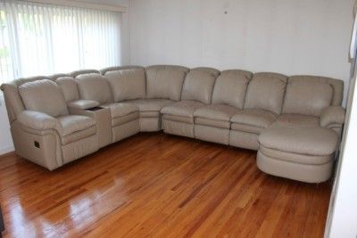 Complete Sectional Beige Leather Couch 2 Recliners