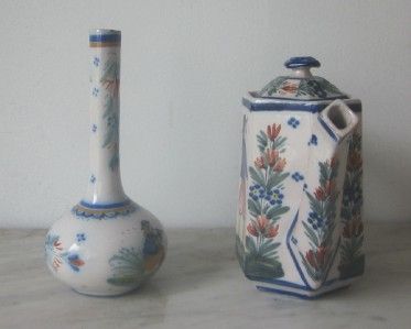 Old Antique Henriot Quimper Teapot Coffee Pot and Bud Vase Both Signed