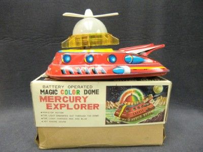 Vintage Battery Operated Magic Color Dome Mercury Explorer Tin Toy