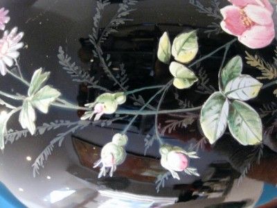Antique Moser Black Glass Enamel Floral Butterfly Moth Vase c1880 33