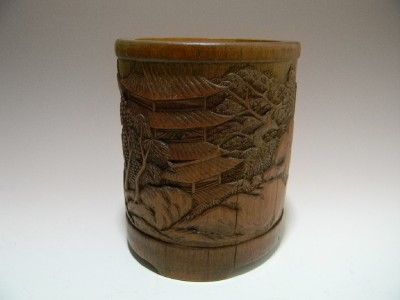 Great Chinese 19th C Bamboo Carved Scholars Table Item Brush Pot