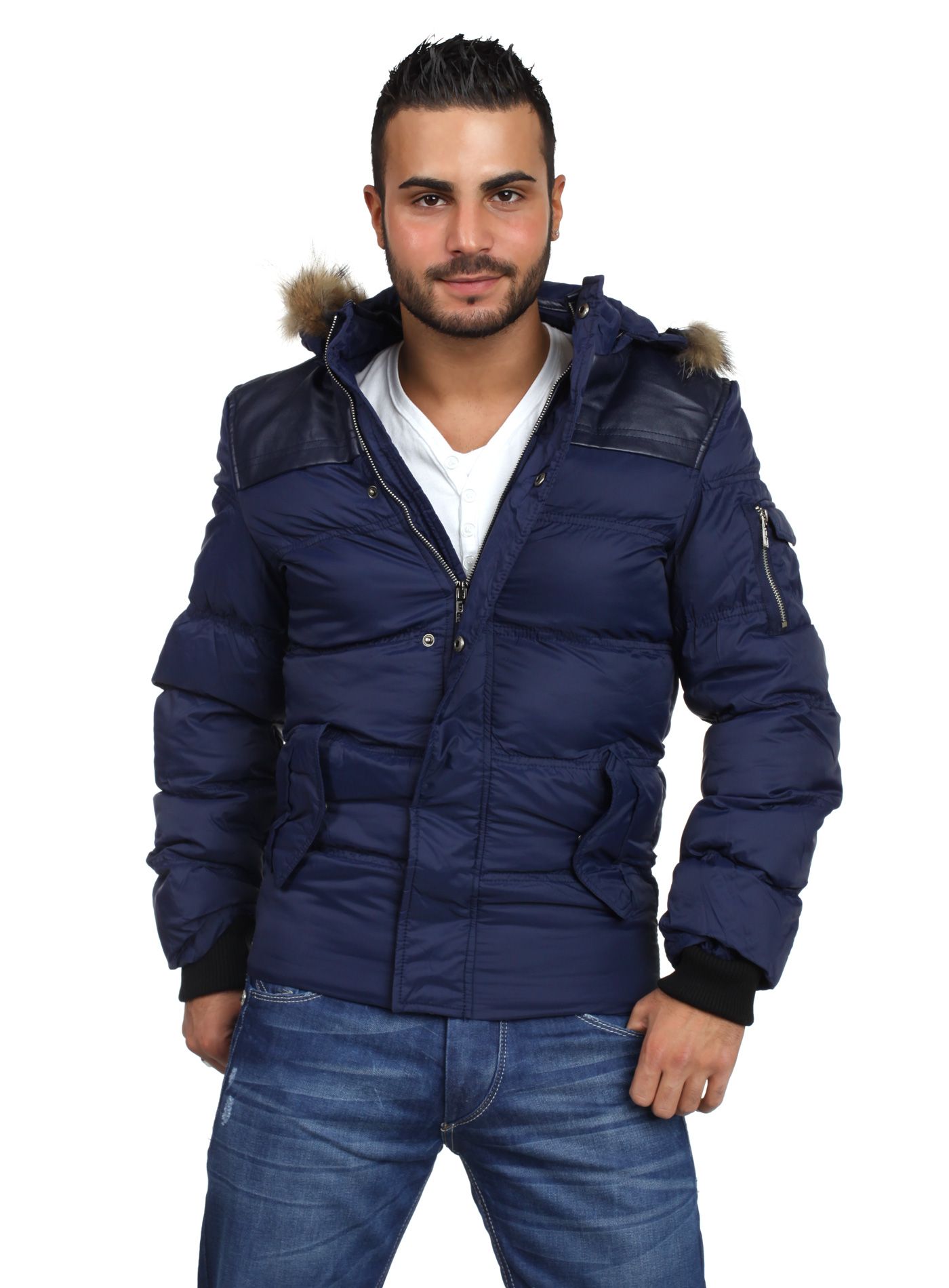 Young Rich Herren Daunen Winterjacke mit Fell Tivoli dunkelblau