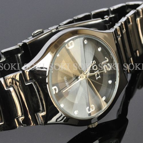 New SOKI Black Mens Analog Quartz Diamond Dial Wrist Stainless Band