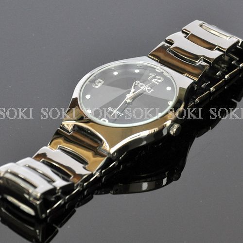 New SOKI Black Mens Analog Quartz Diamond Dial Wrist Stainless Band