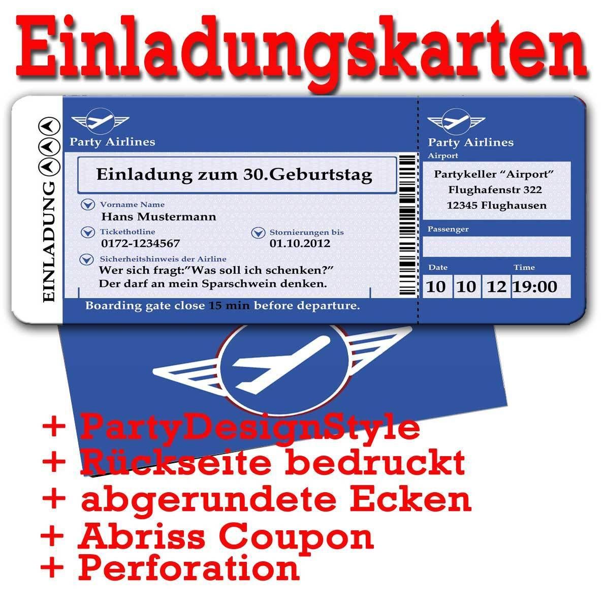 Geburtstag Flugticket Einladungskarte Einladungen 60 30 40 50