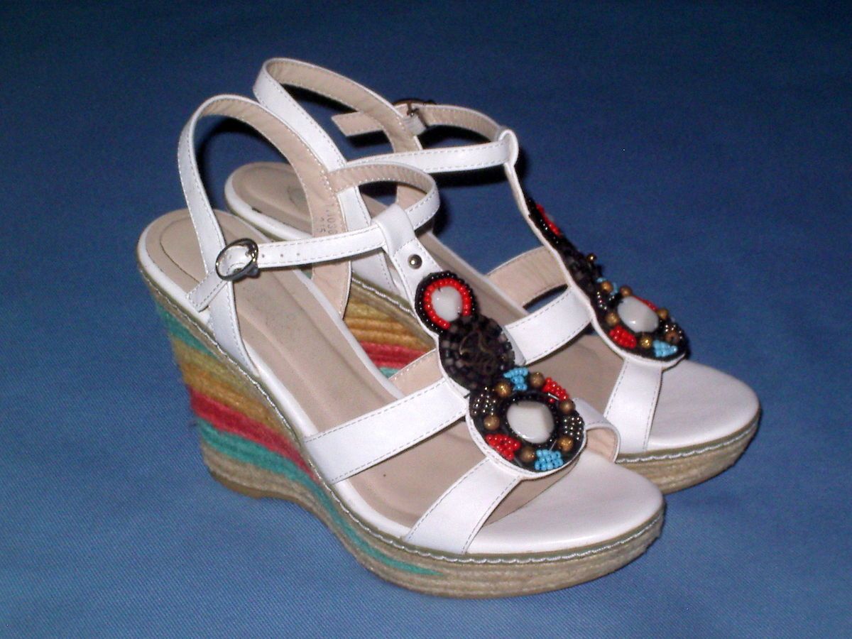 70er Jahre 70s Style Plateau Sandalen Wedges Sisal weiss bunt 39 guter