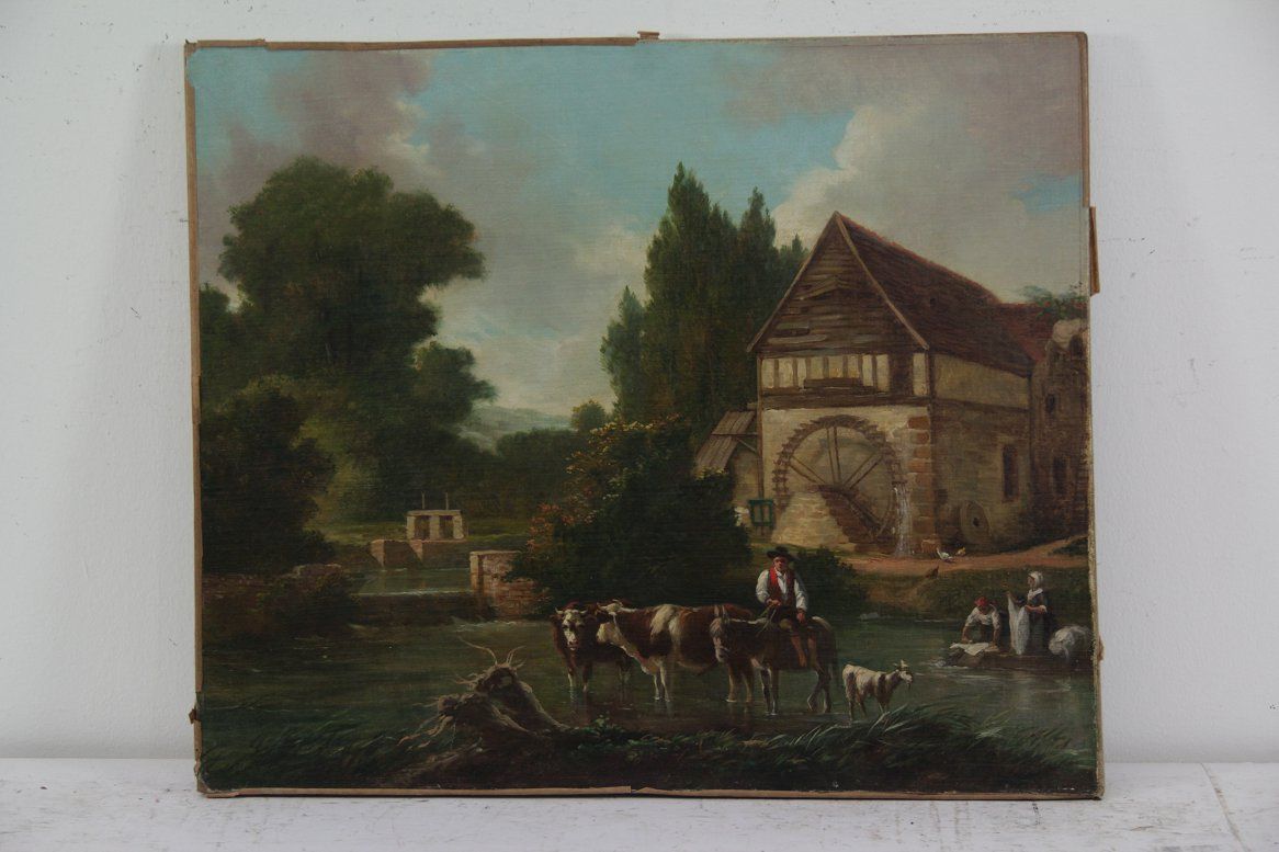 Frankreich Landschaft Wassermühle Personenstaffage Ölgemälde ~1820