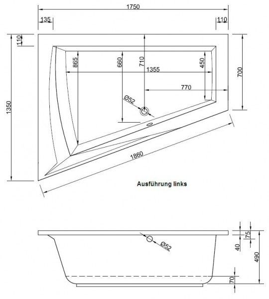 Badewanne Raumsparwanne 175 x 135 x 49 cm, Eckbadewanne LAR rechts