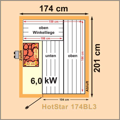 Elementsauna Saunakabine 201x174 cm 3 Saunaliegen Ofen