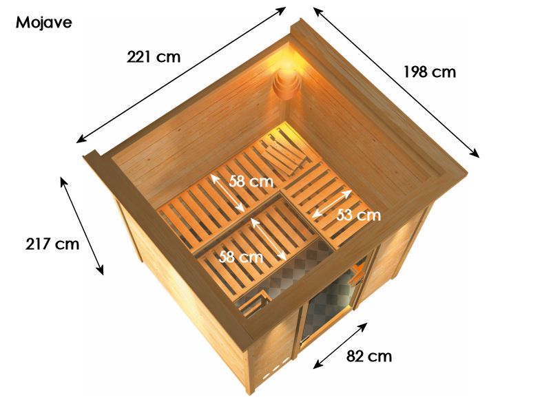 Karibu Sauna Mojave   221 x 198 cm, 40mm Wandstärke, Massivholzsauna