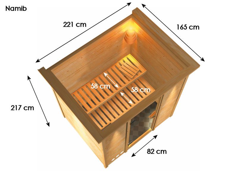 Karibu Sauna Namib   221 x 165 cm, 40mm Wandstärke, Massivholzsauna