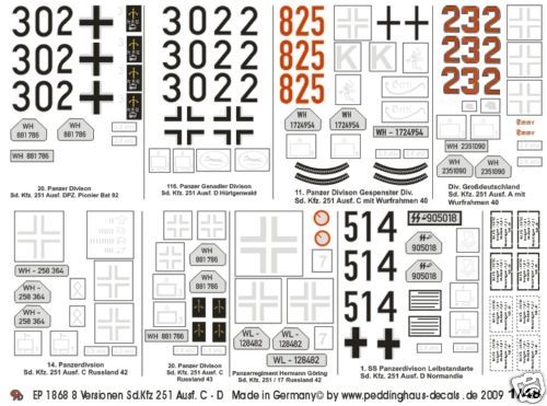 48 Decals 8 verschiedene Sd Kfz 251 Ausf C & D 1868