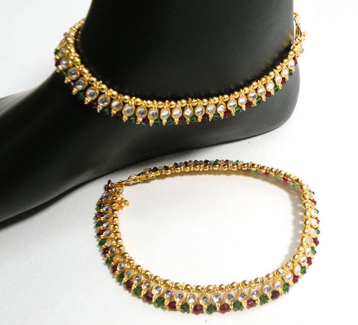 BOLLYWOOD BRIDAL GOLDTONE KUNDAN ANKLET ~ PAYAL PAIR XC