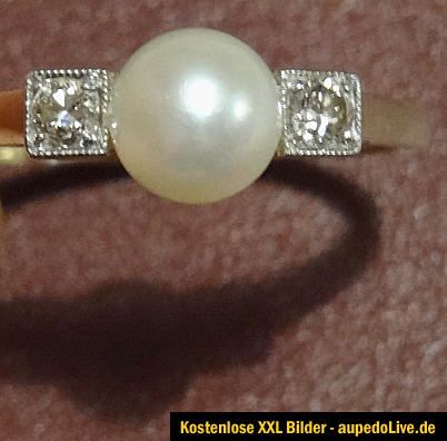 585 GOLD RING 14KT 3,23 gr. MIT PERLE UND 2 BRILLANTEN TOP