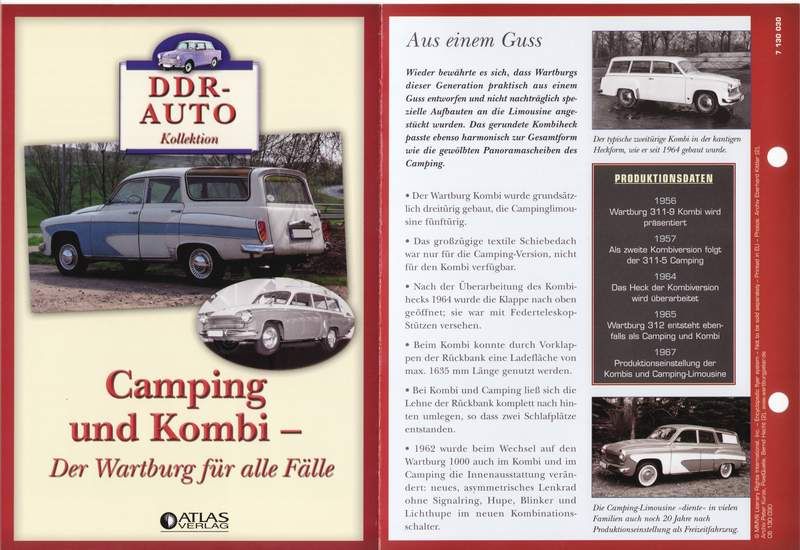 DDR AUTO DATENBLATT   WARTBURG 311 312 CAMPING TOURIST KOMBI   ATLAS 1