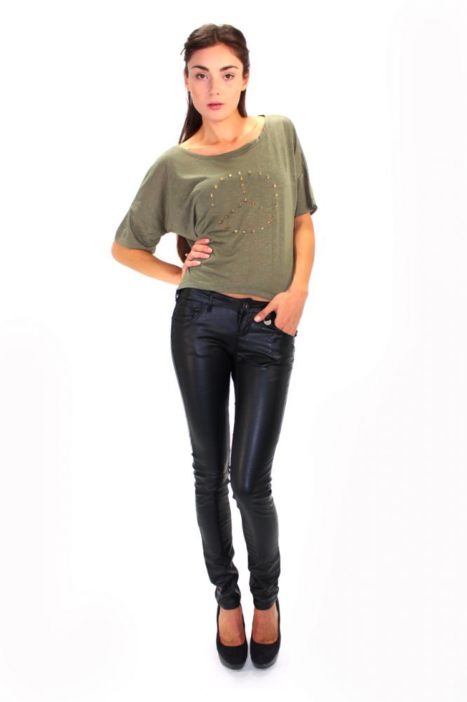 Damen Shirt T shirt Hemd mit goldenen Peacezeichen aus Nieten Khaki