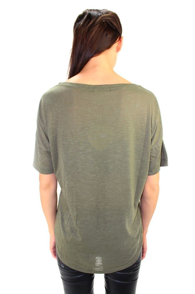 Damen Shirt T shirt Hemd mit goldenen Peacezeichen aus Nieten Khaki