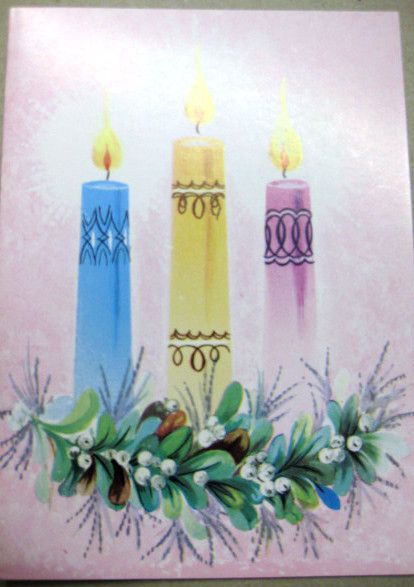 VC 370 VINTAGE CHRISTMAS CARD THREE CANDLES HAPPY HOLIDAYS UNUSED