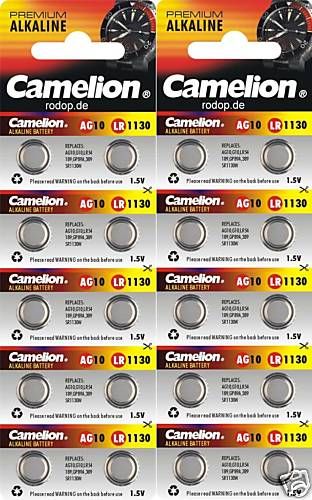 20x AG10 Knopfzellen Camelion LR1130 LR54 189 GP89A 389