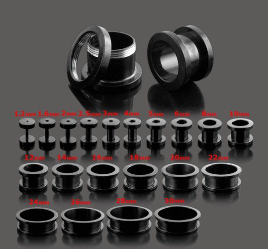 9er Set Flesh Tunnel Plug TITAN Schwarz 1,6mm   10mm