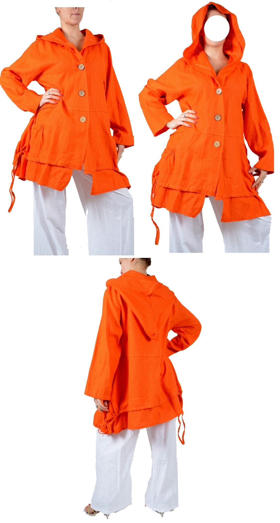 SOMMER LEINEN JACKE ZIPFEL MANTEL LAGENLOOK KAPUZE ORANGE 44 46 48 50