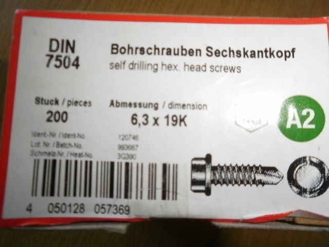 200 Edelstahl V2A Bohrschrauben 6,3 x 19 mm selbstschneidend