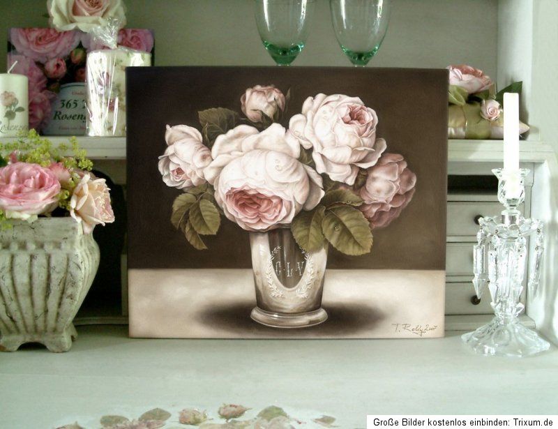 Bild Gemälde Shabby Chic Rosen Becher silber Landhaus Vintage Thomas