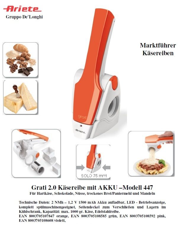 Ariete 447 Akku Käsereibe Parmesan Käse Multi Reibe Edelstahl