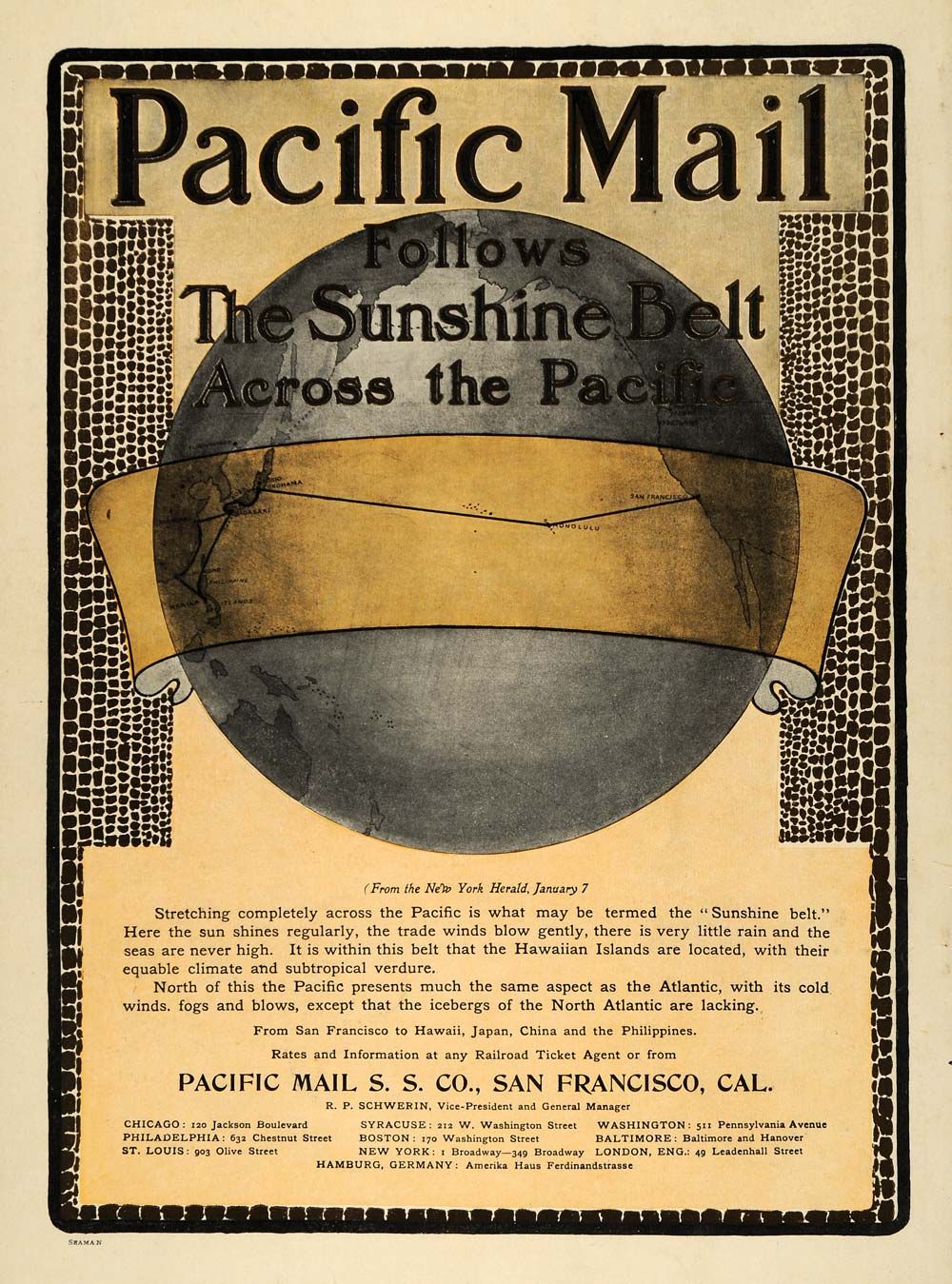 1906 Ad Pacific Mail Sunshine Belt Route R. P. Schwerin   ORIGINAL